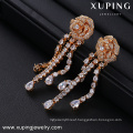 94168 rose decorate long chain glass pendant jhumka gold plated diamond earring